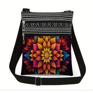 Black and colorful flower boho style crossbody bag‎ purse , flower mandala